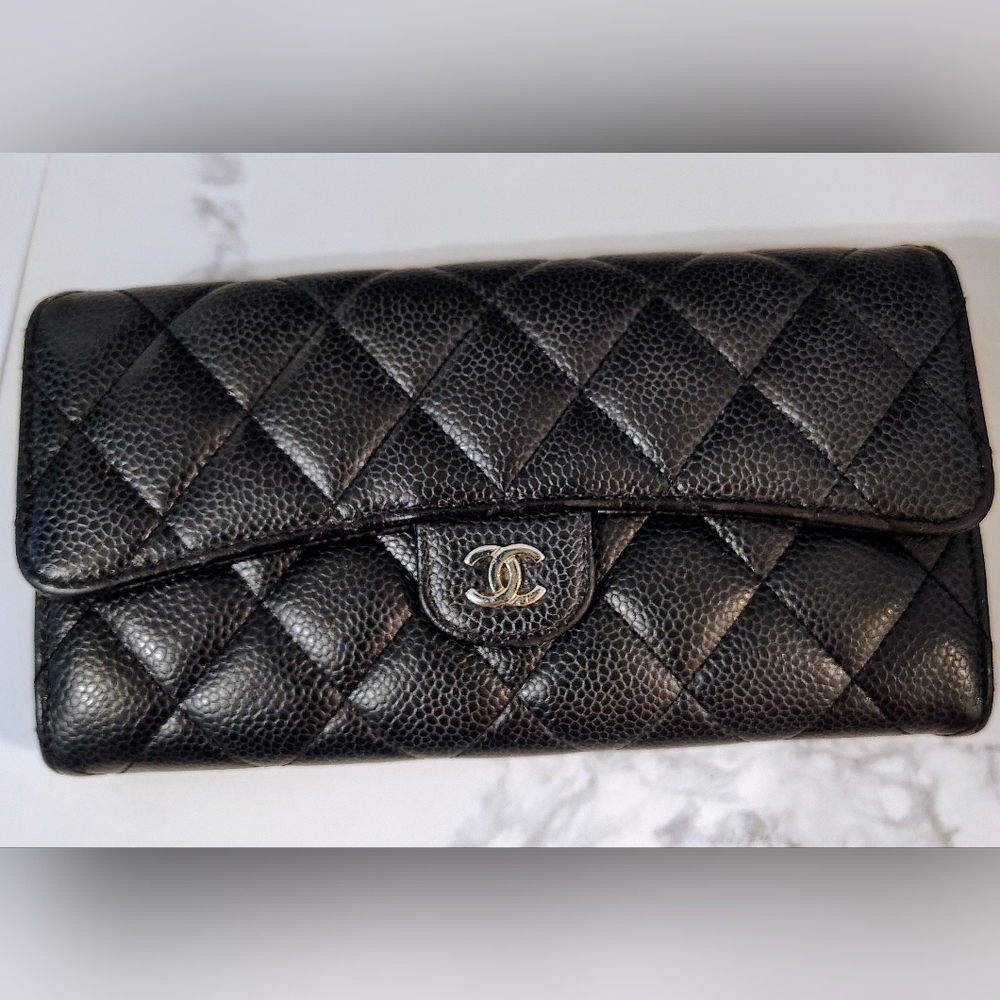 EUC CHANEL Long Wallet - Black Quilted Caviar Leather Flap w/SHW